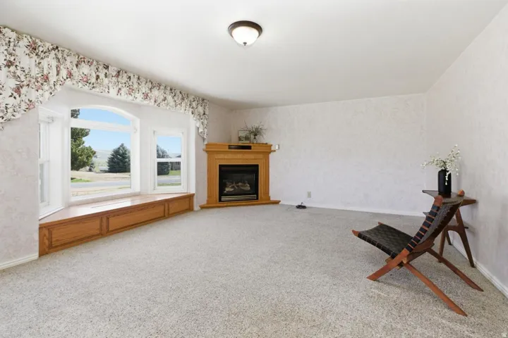 Living area featuring light carpet and a glass covered fireplace