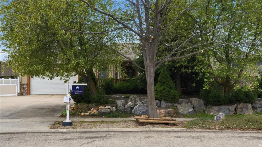 Obstructed view of property with concrete driveway and stone siding