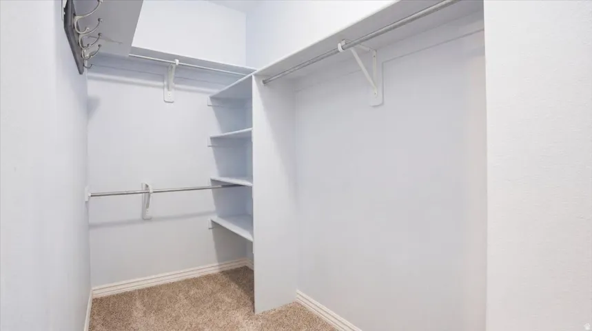 Walk in closet with light carpet