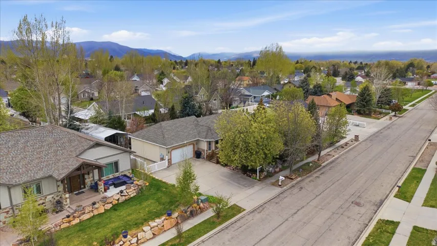 Aerial view of residential area with mountains
