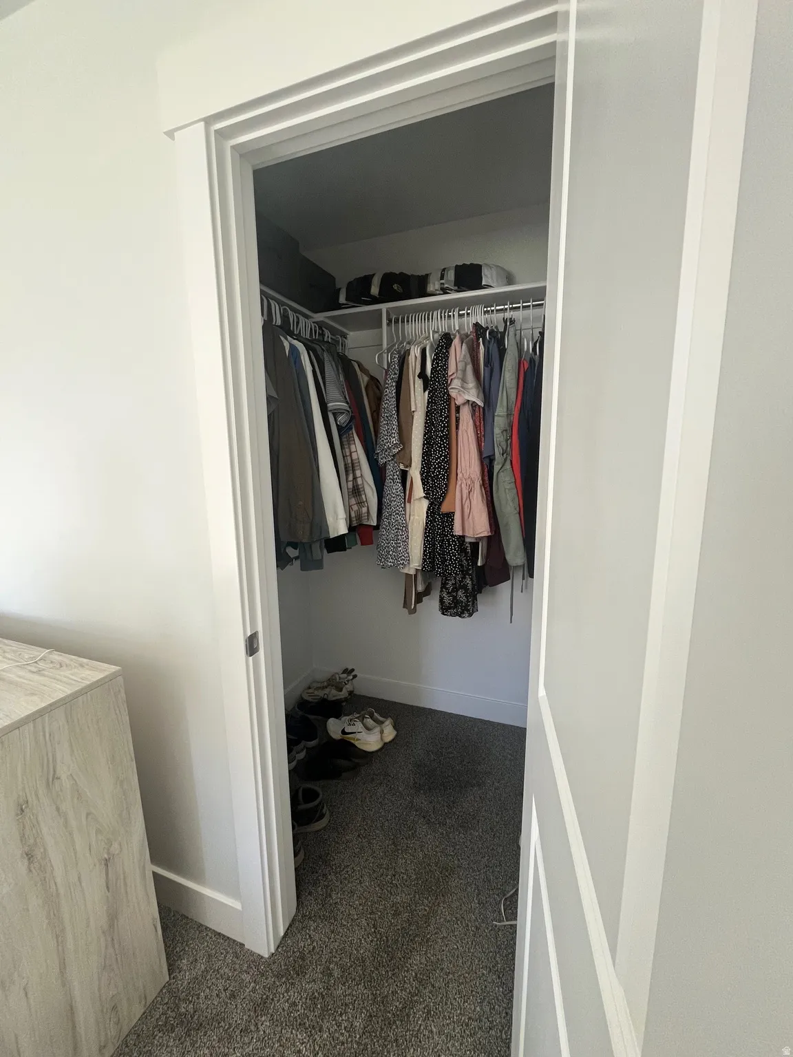 Walk in closet featuring dark colored carpet