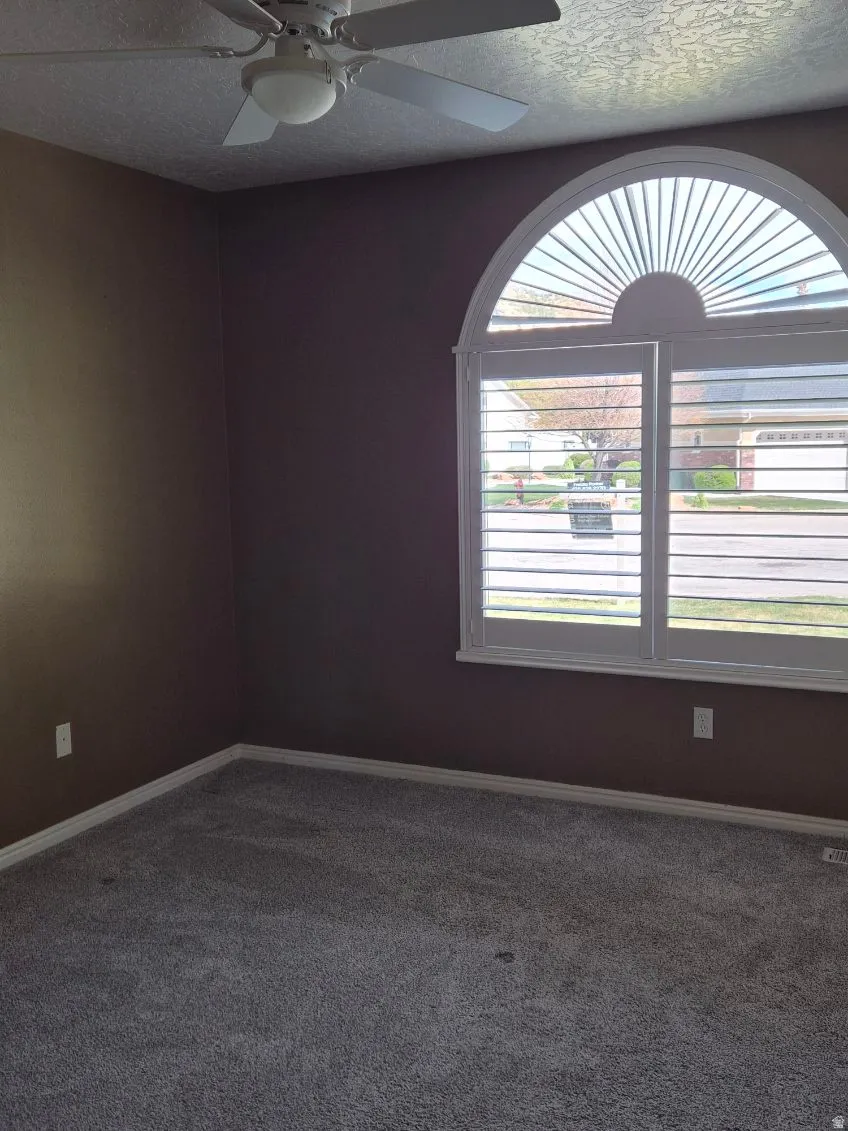 Carpeted spare room with a ceiling fan and a textured ceiling