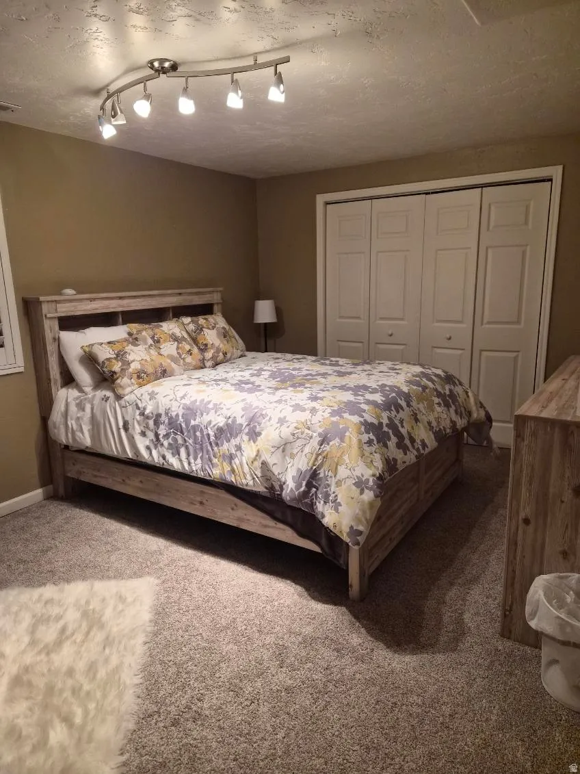 Carpeted bedroom with a closet, a textured ceiling, and rail lighting
