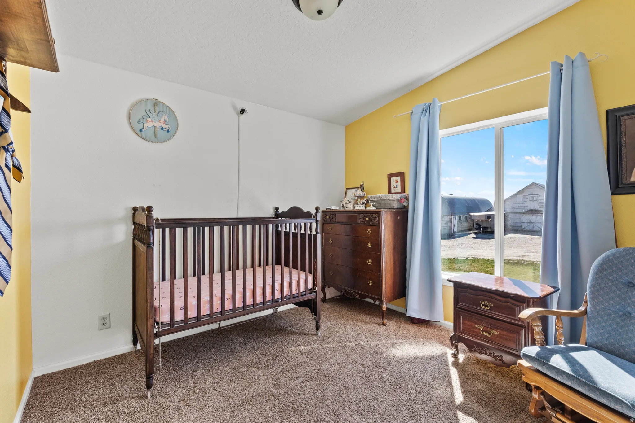 Carpeted bedroom featuring a crib and vaulted ceiling
