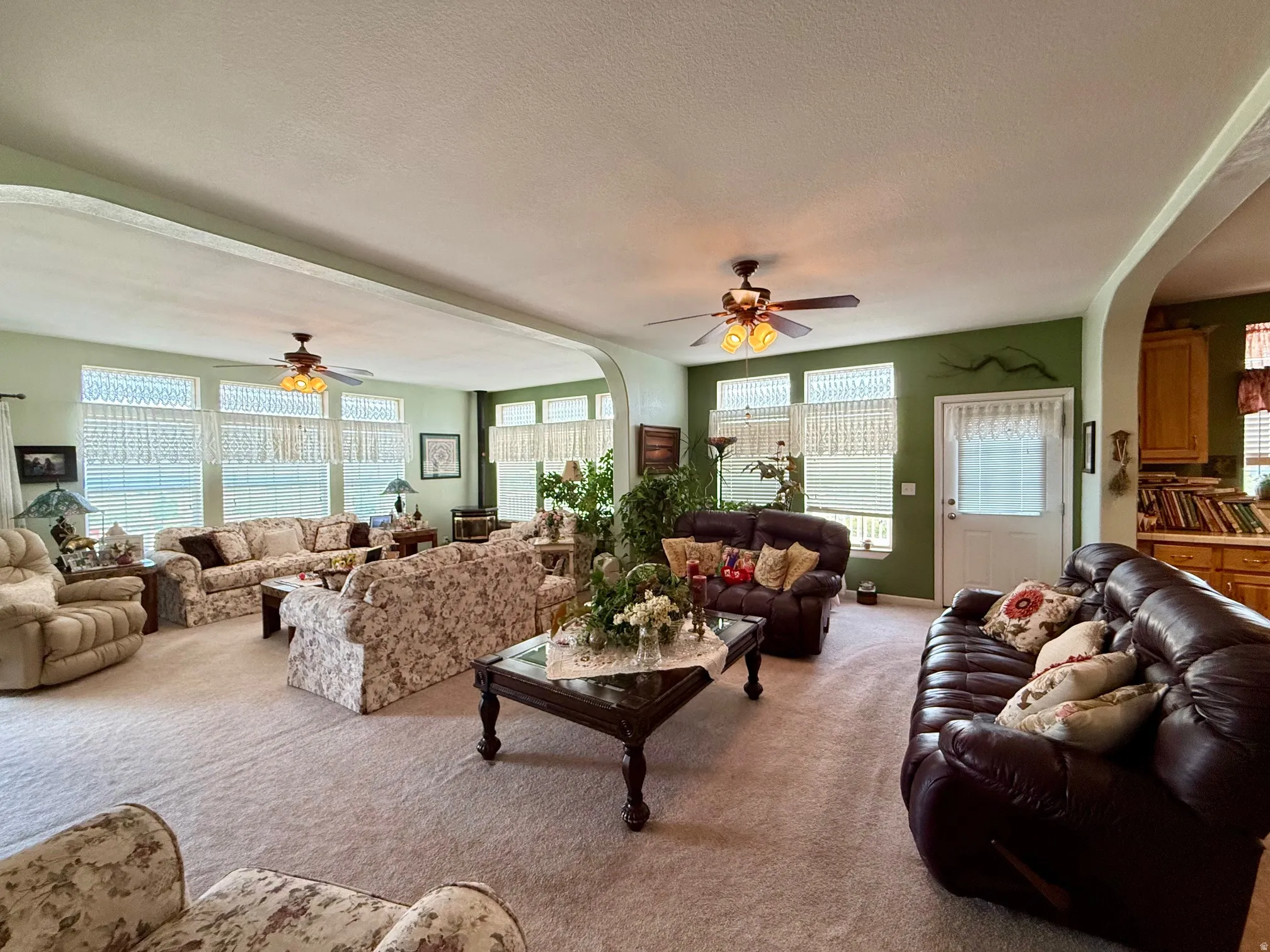 Living area featuring, ceiling fan, carpet, a textured ceiling, and plenty of natural light