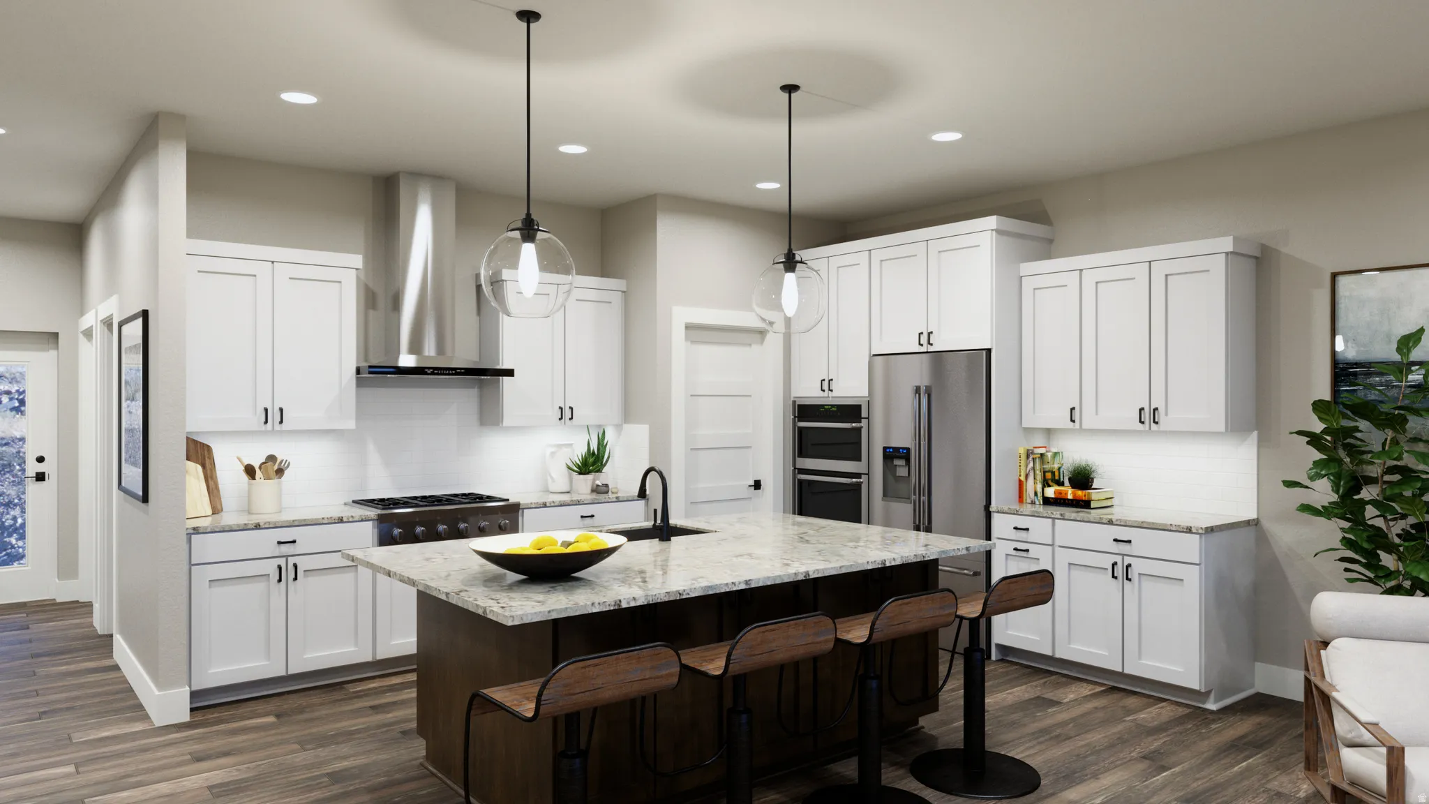 Dual tone kitchen featuring light stone countertops, dark wood finished floors, an island with sink, stainless steel appliances, and pendant lighting