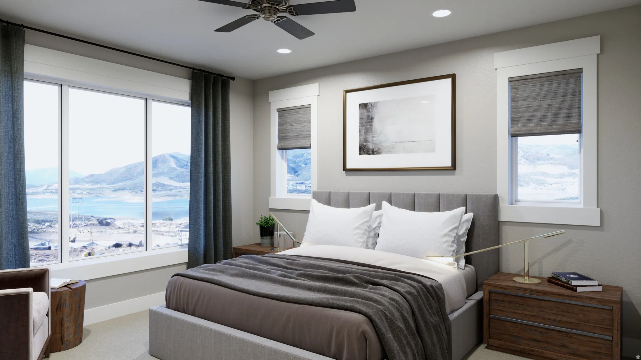 Carpeted bedroom with a mountain view, a ceiling fan, and recessed lighting