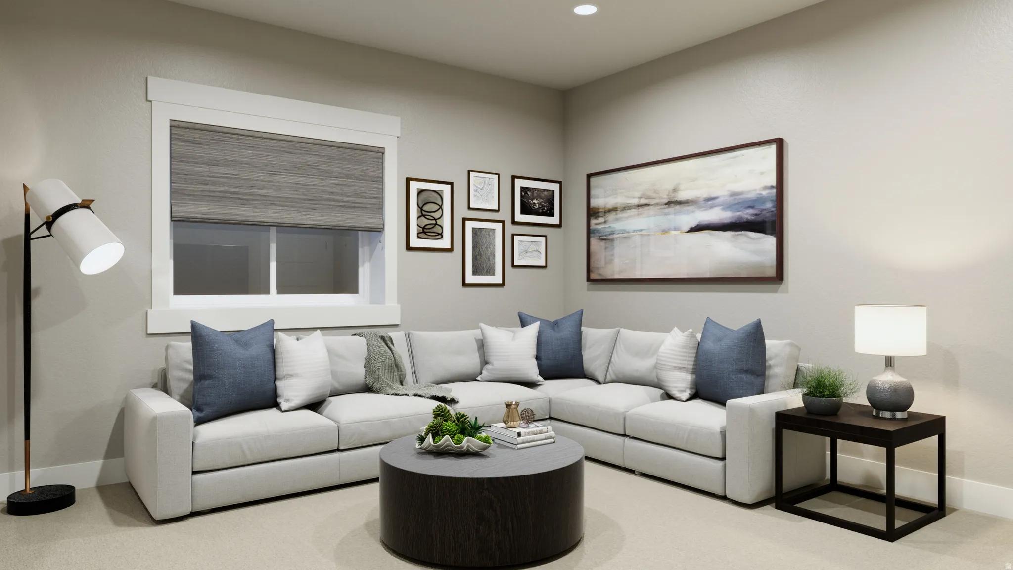Living area featuring recessed lighting and carpet floors