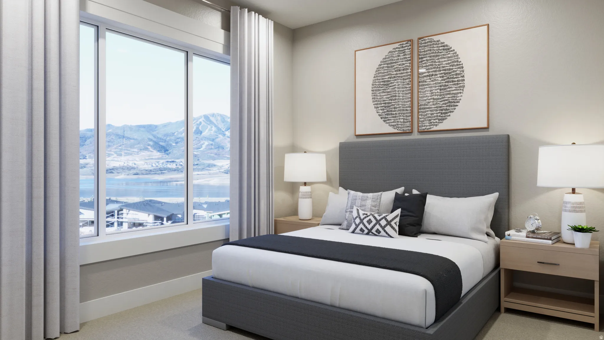Bedroom featuring light colored carpet and a mountain view