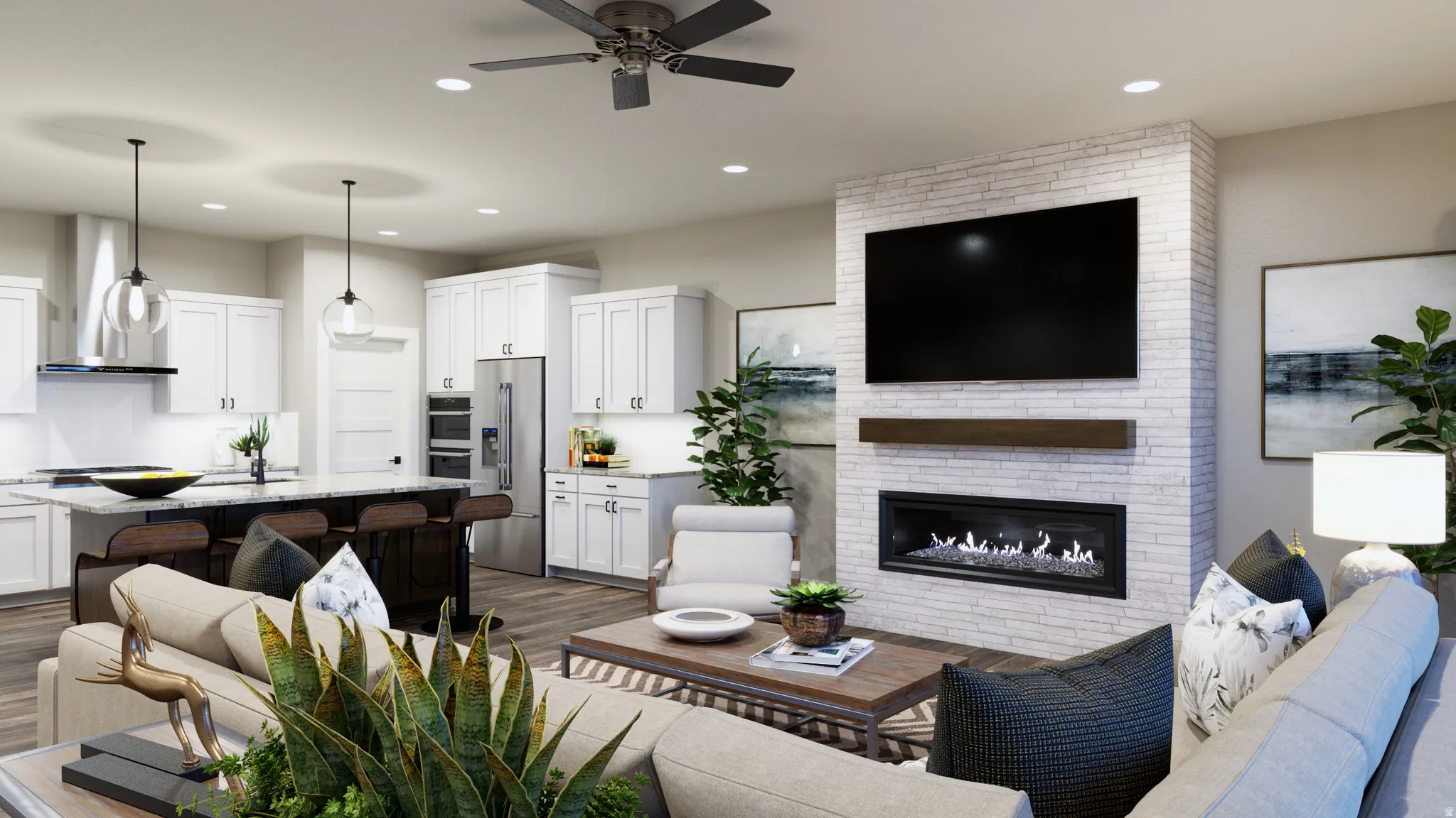 Living area featuring dark wood-style flooring, a ceiling fan, a large fireplace, and recessed lighting