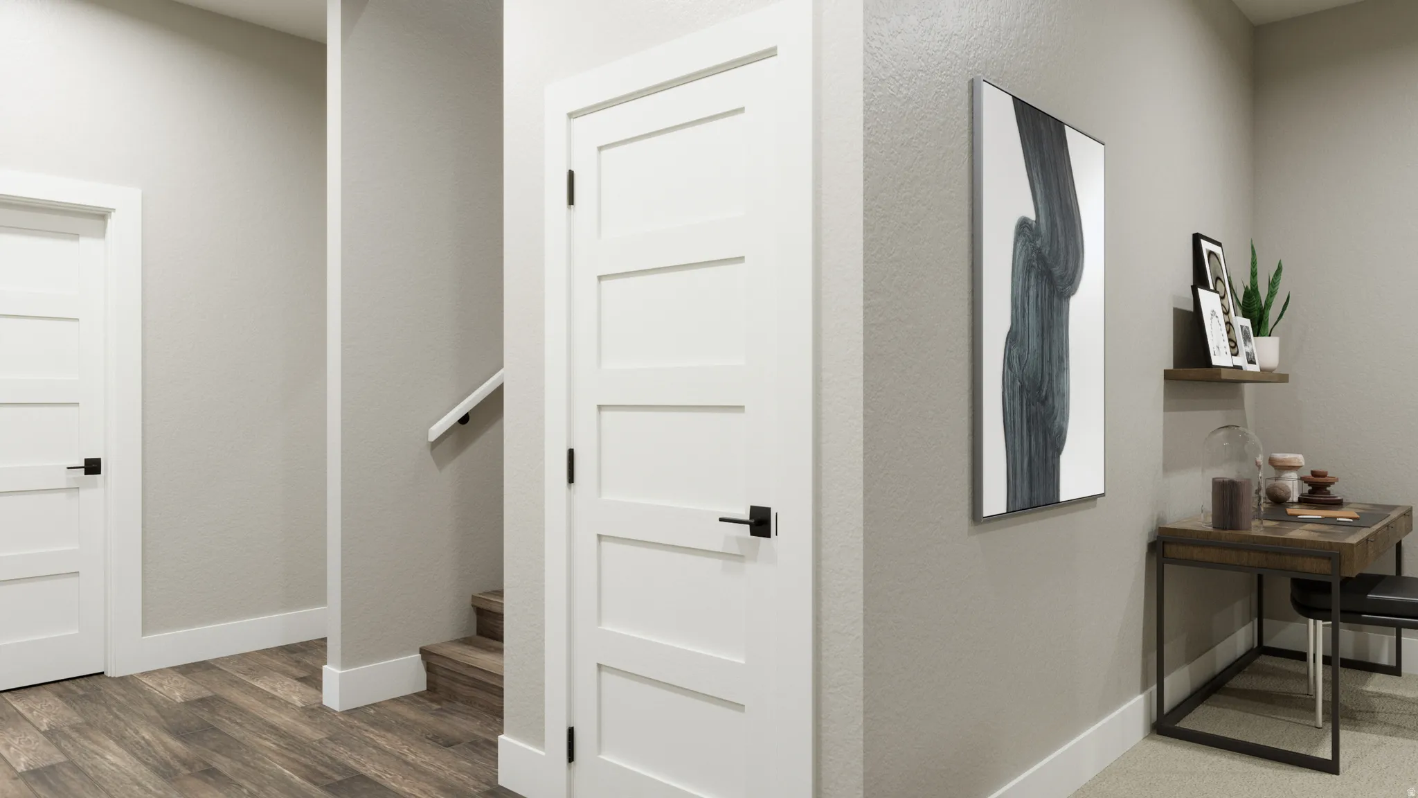 Hallway with dark wood-style flooring and a textured wall