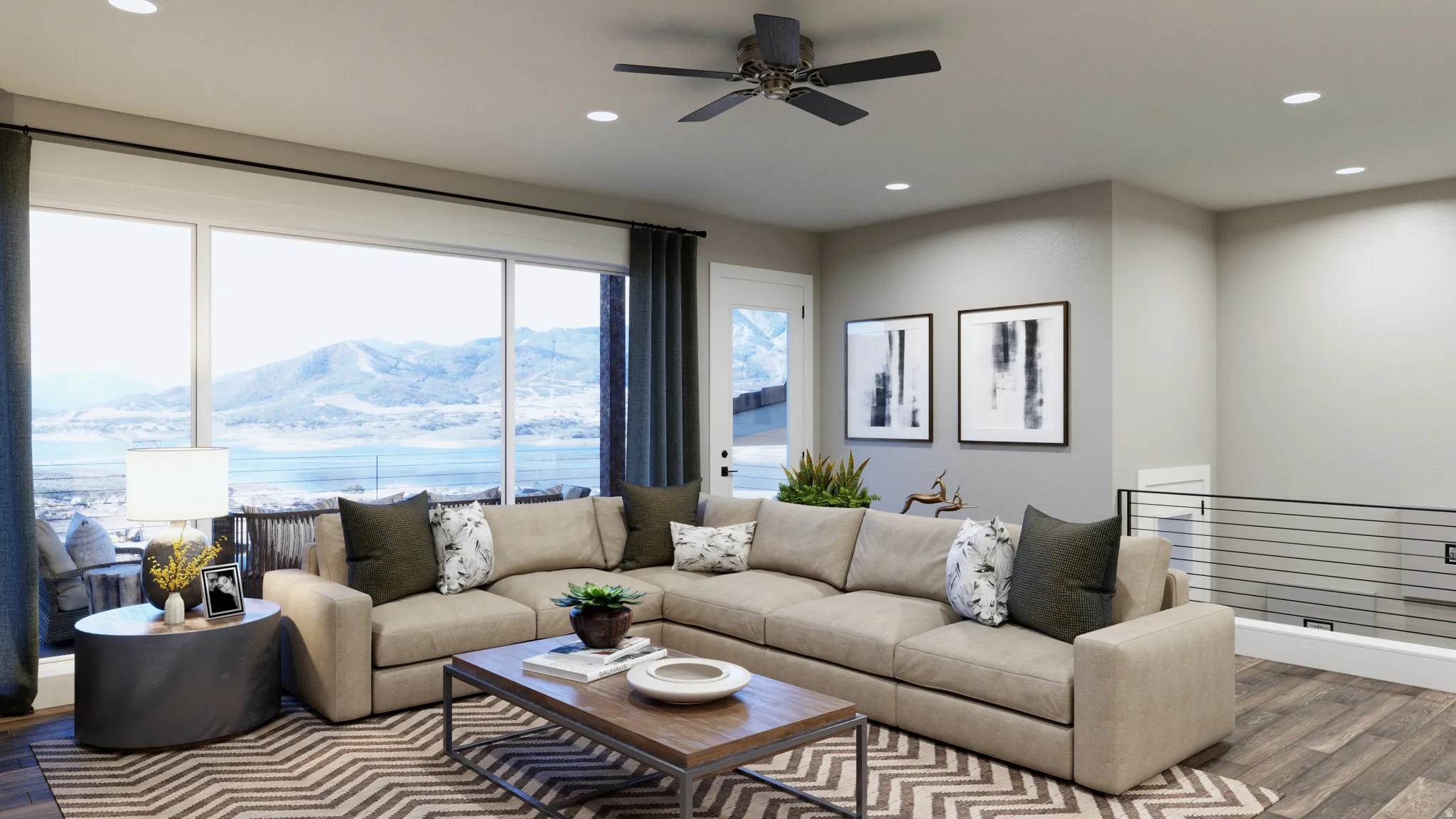 Living room with a mountain view, wood finished floors, a ceiling fan, and recessed lighting