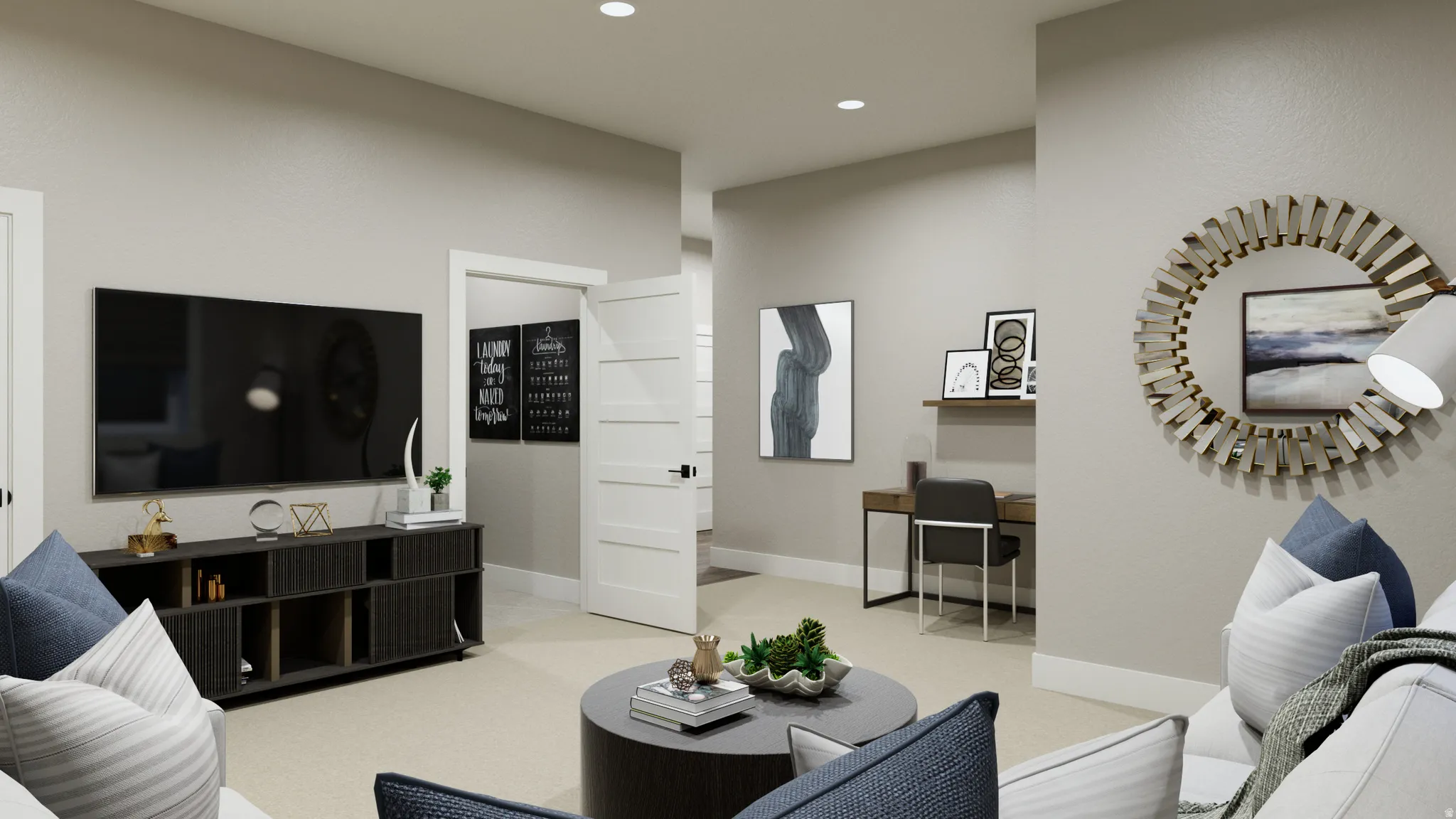 Living room featuring recessed lighting, a desk, and light carpet