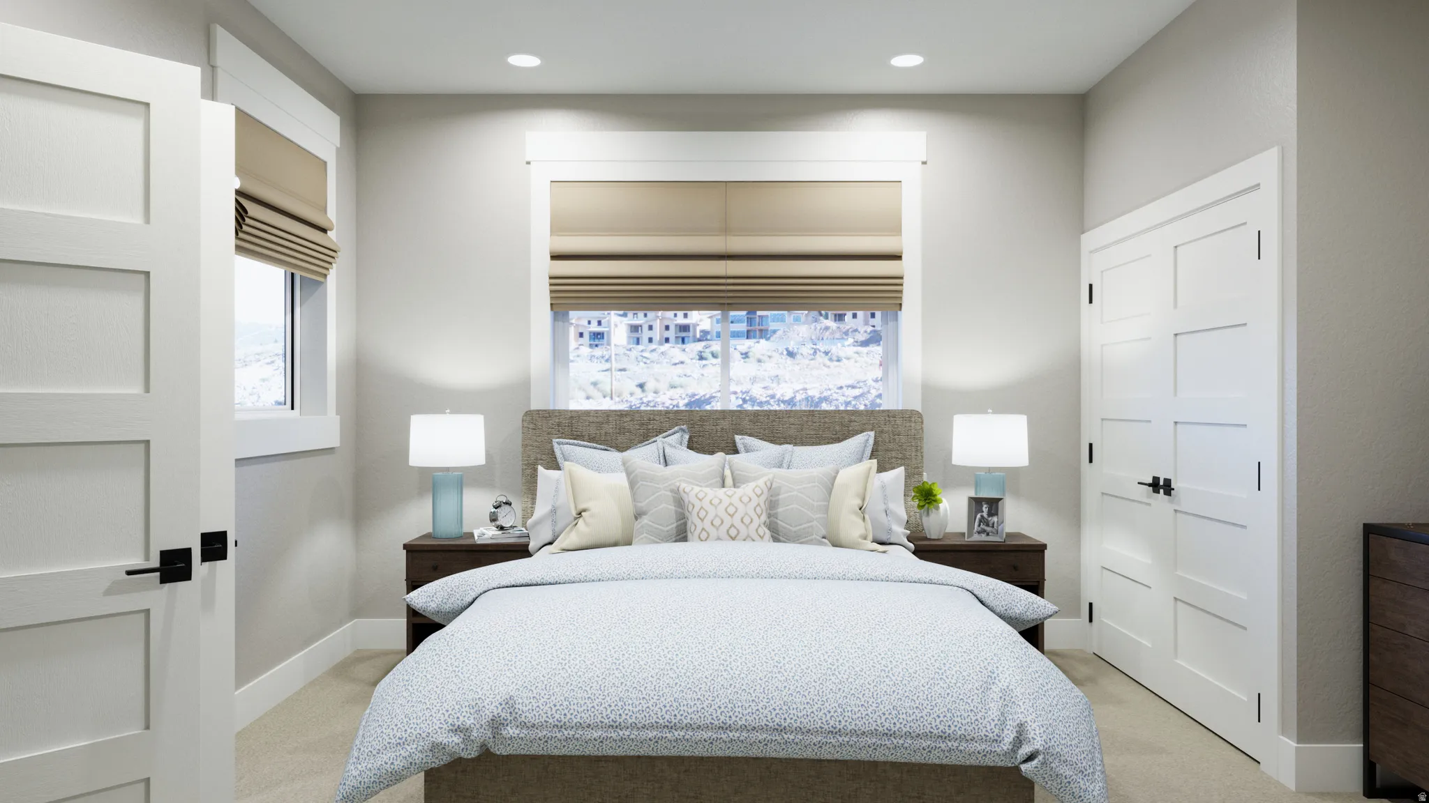 Bedroom with light carpet and recessed lighting