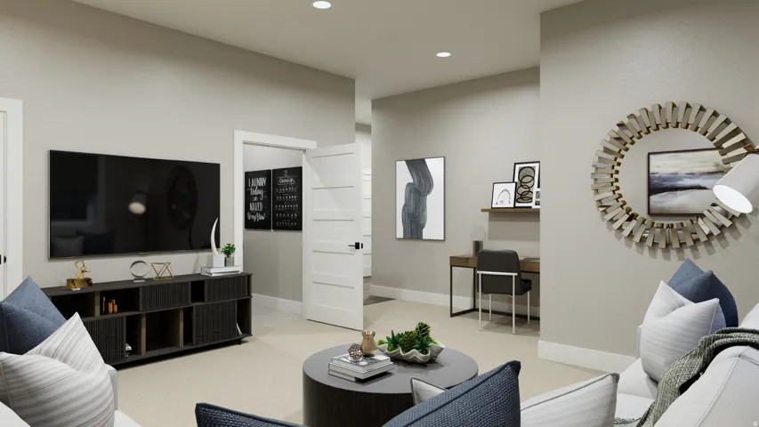 Living room featuring recessed lighting, a desk, and light carpet