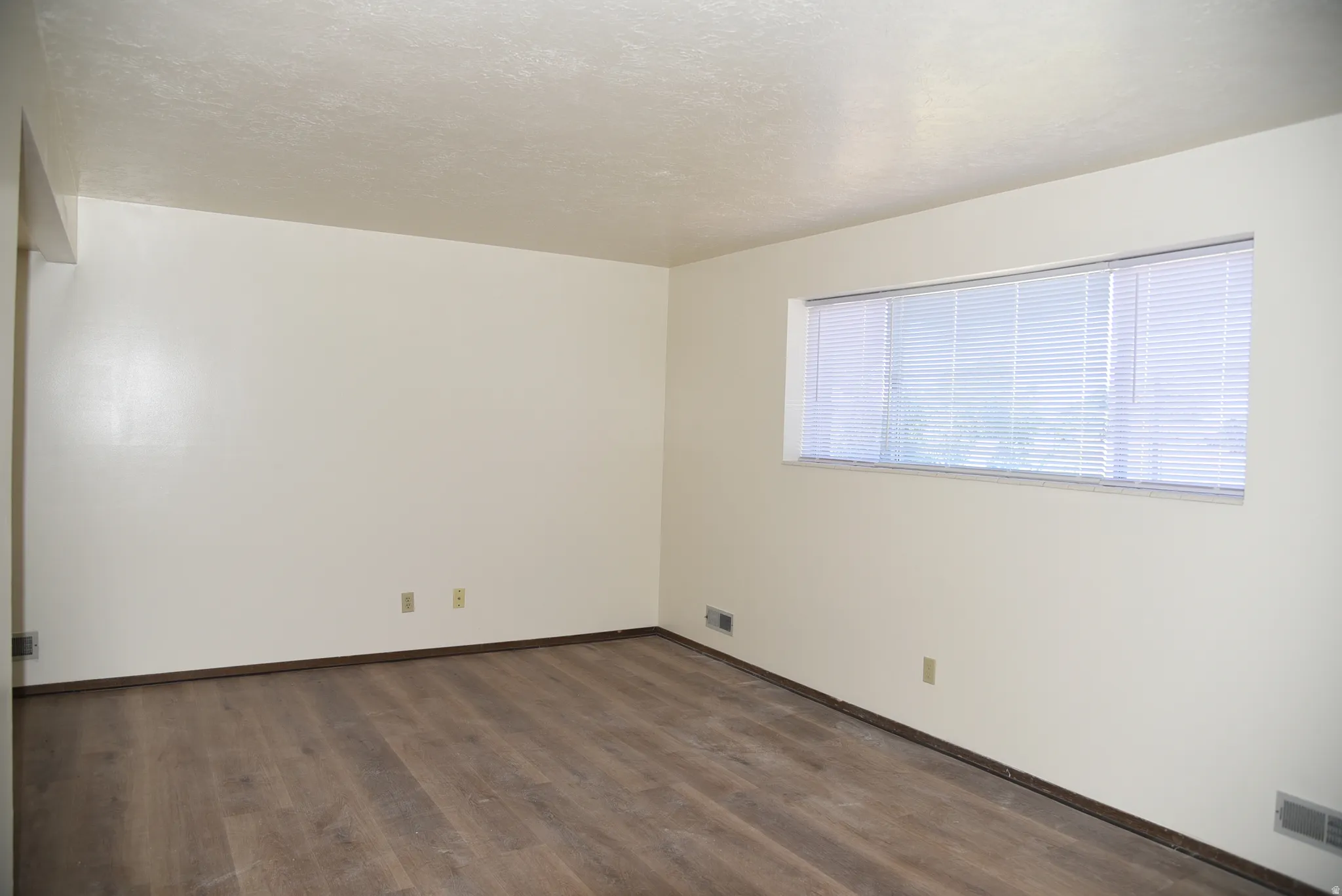 Spacious room featuring wood-finish flooring, light-colored walls, and a large horizontal window with blinds