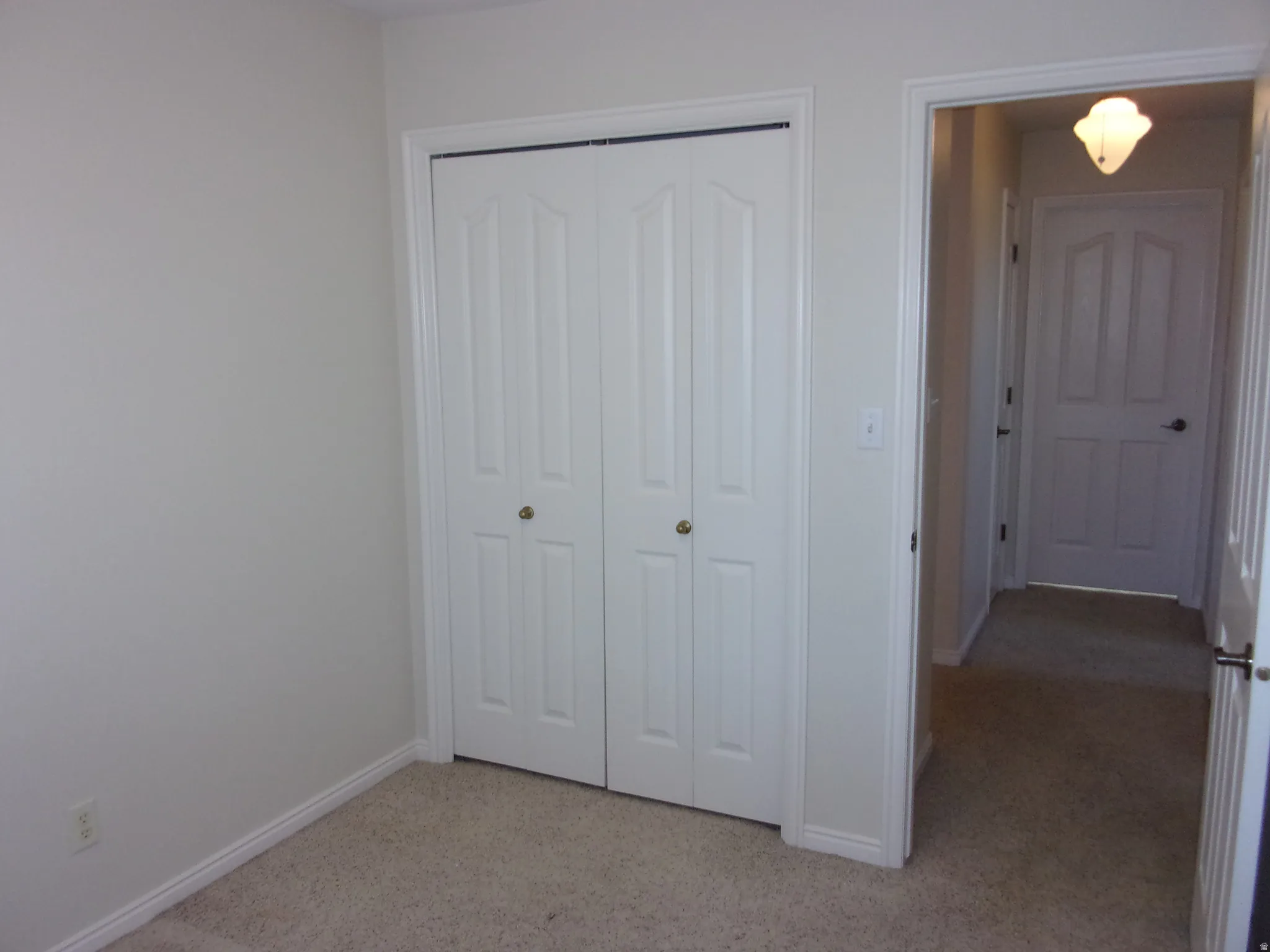 Unfurnished bedroom with light carpet and a closet