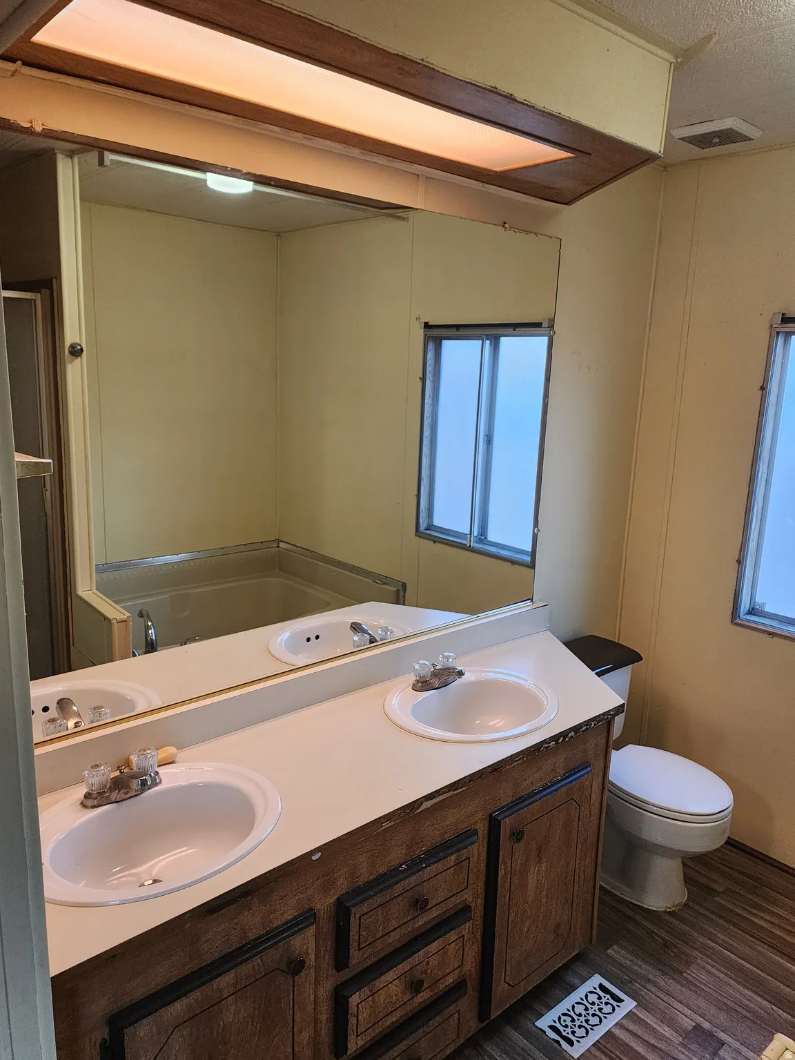 Bathroom featuring double vanity, dark wood-style flooring, and healthy amount of natural light