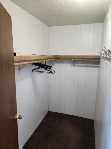 Walk in closet featuring dark carpet