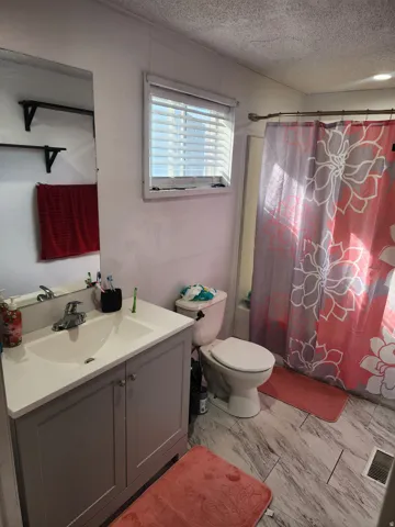 Full bathroom featuring vanity and a textured ceiling