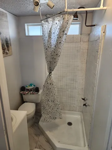 Full bathroom featuring vanity, plenty of natural light, a stall shower, and a textured ceiling
