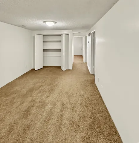 Unfurnished bedroom featuring light colored carpet, a textured ceiling, and a closet