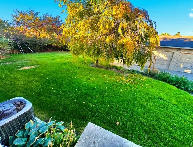 View of green lawn with a garage (picture from summer)