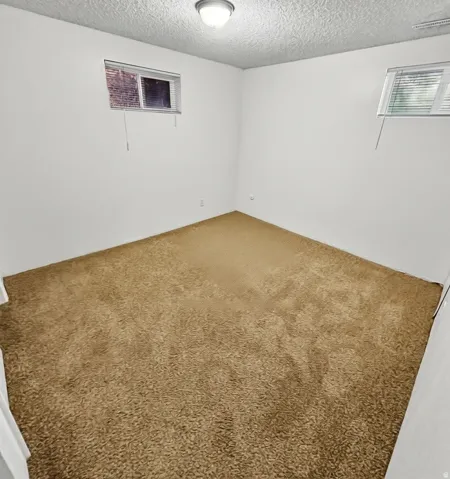Carpeted spare room with a textured ceiling