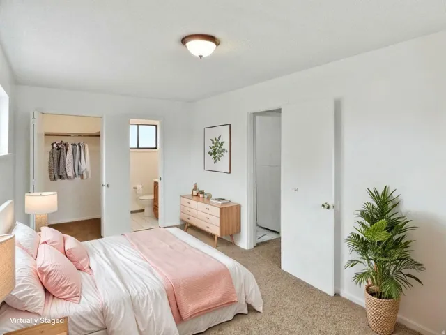 Bedroom with a walk in closet and light carpet
