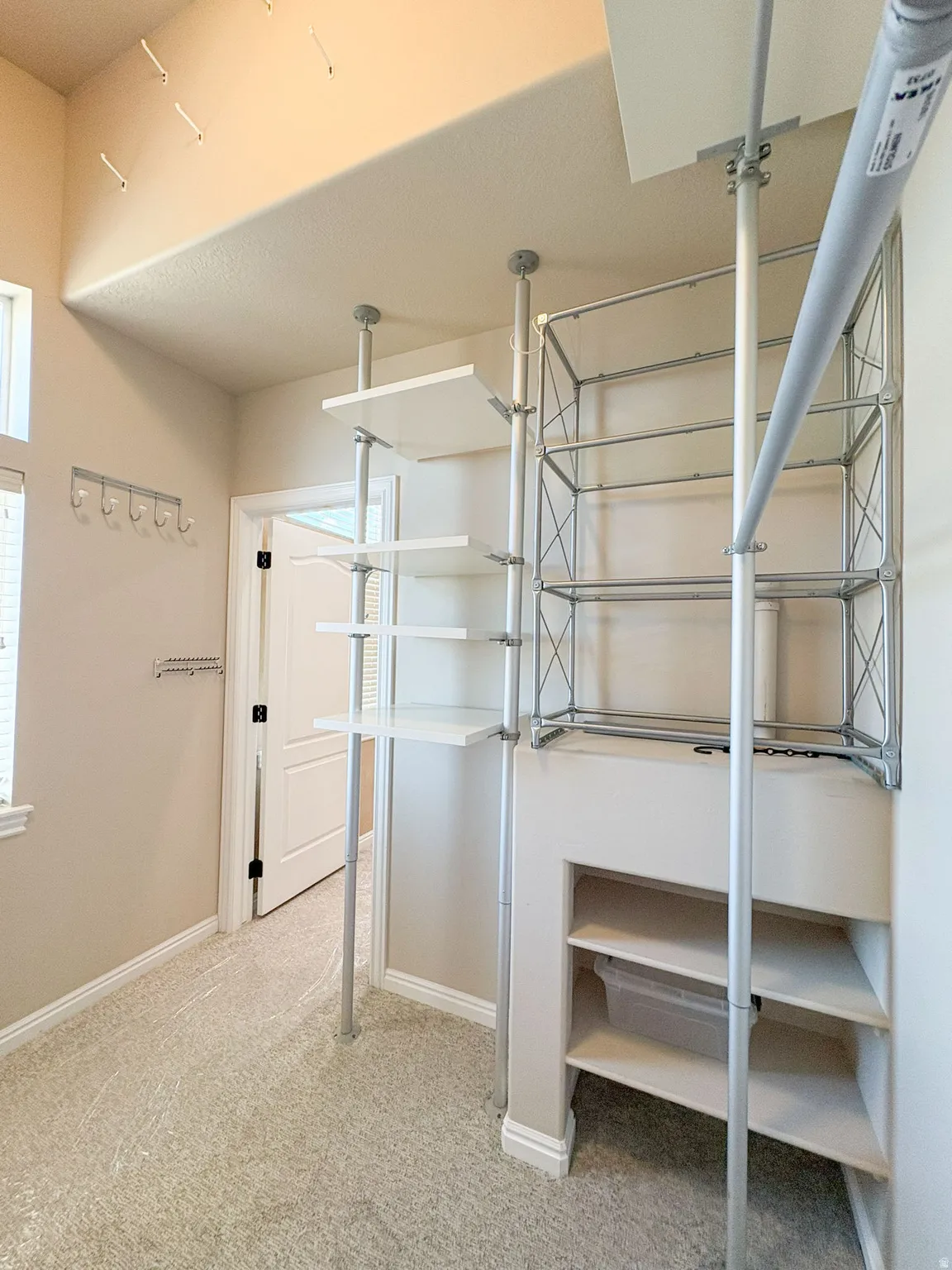 Walk in closet featuring light carpet