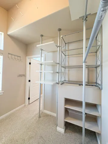 Walk in closet featuring light carpet