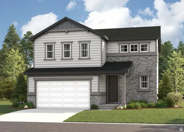 TO BE BUILT with a 3rd car garage! View of front of home featuring stone siding, a garage, concrete driveway, and a front lawn. Pictures are of a model home only! This home may feature different finishes than what is pictured.