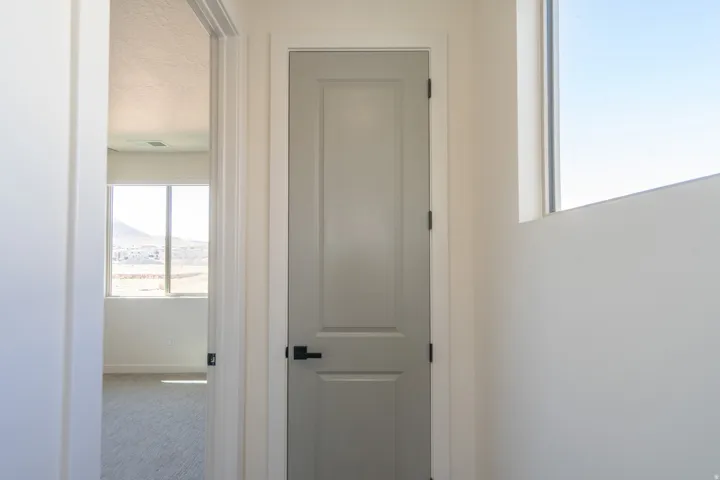 Interior hallway with a light gray paneled door and matte black hardware, featuring a transom window and white trim