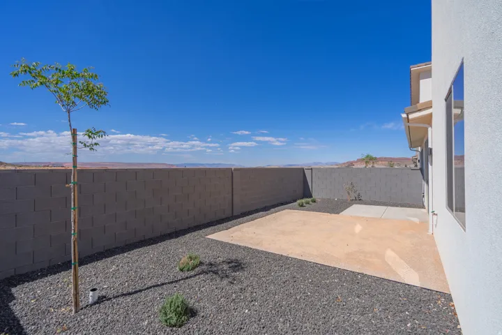 Backyard featuring a concrete patio area, dark gravel landscaping, and a young tree