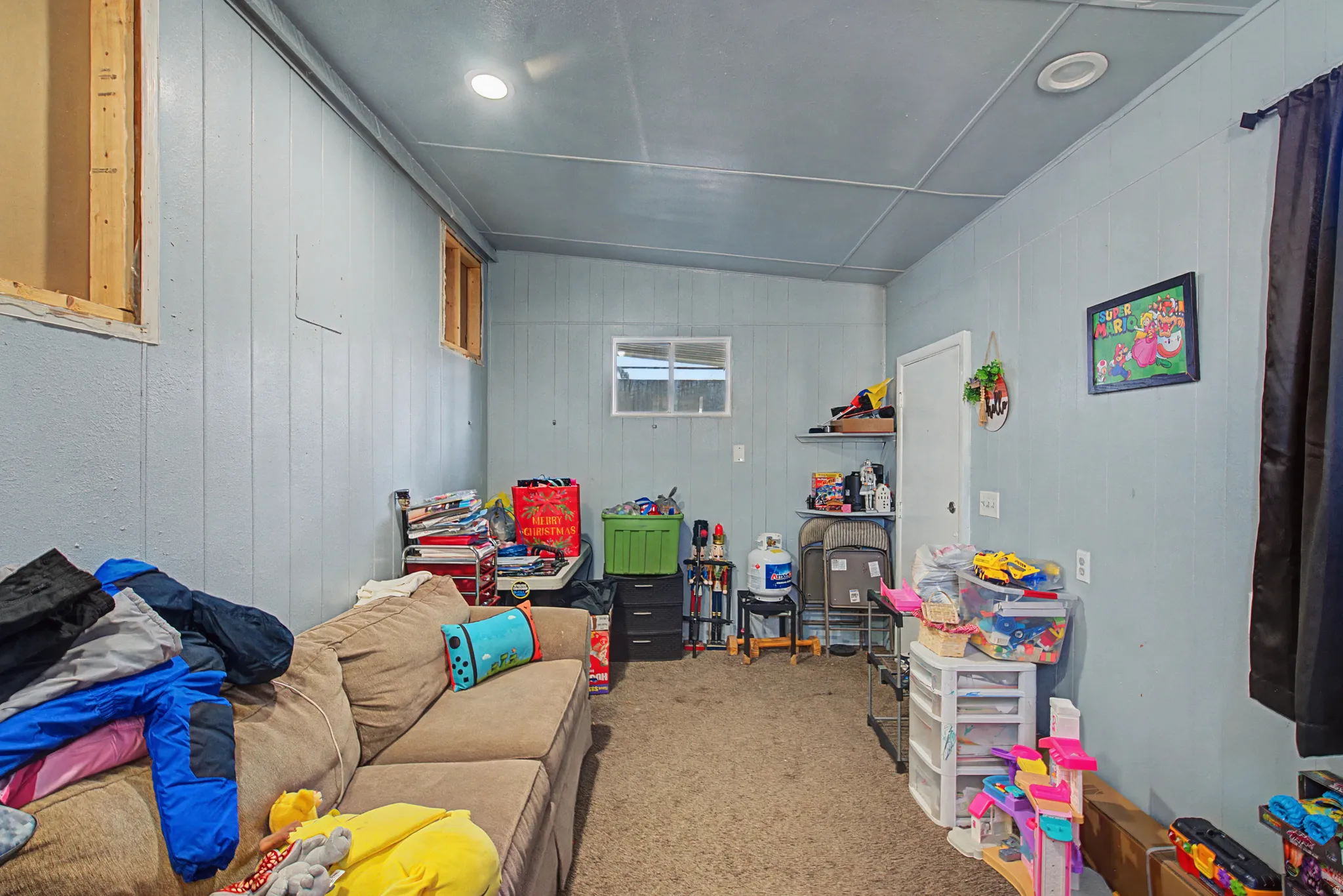 Recreation room featuring carpet and wooden walls