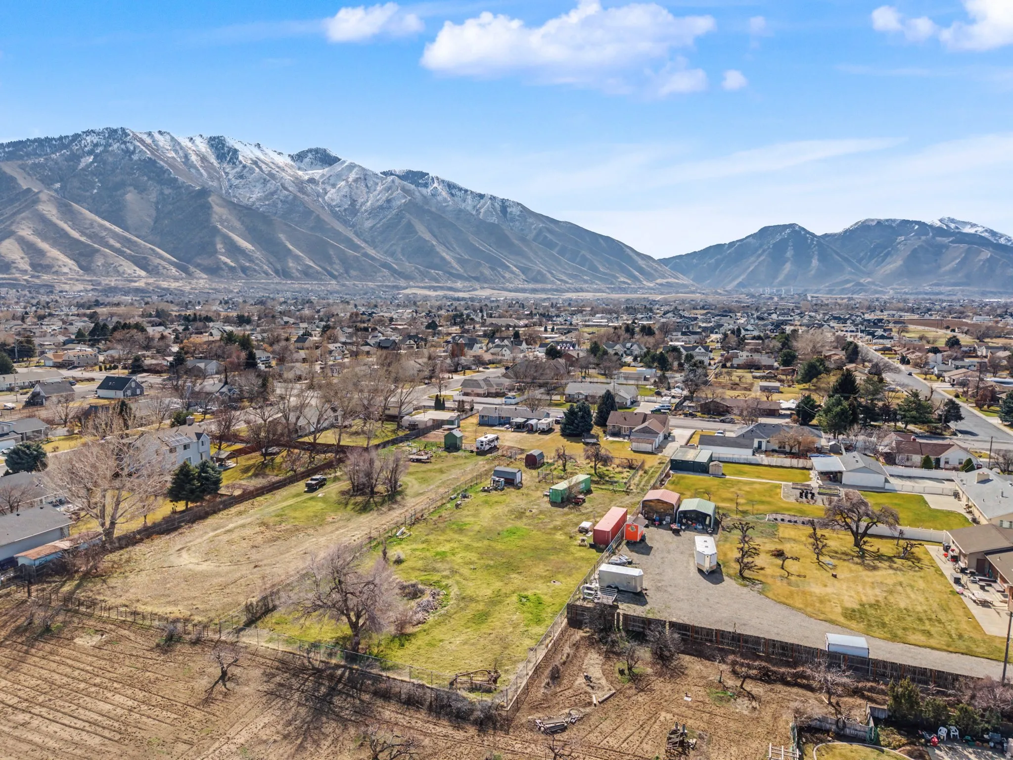 Aerial perspective of suburban area featuring mountains