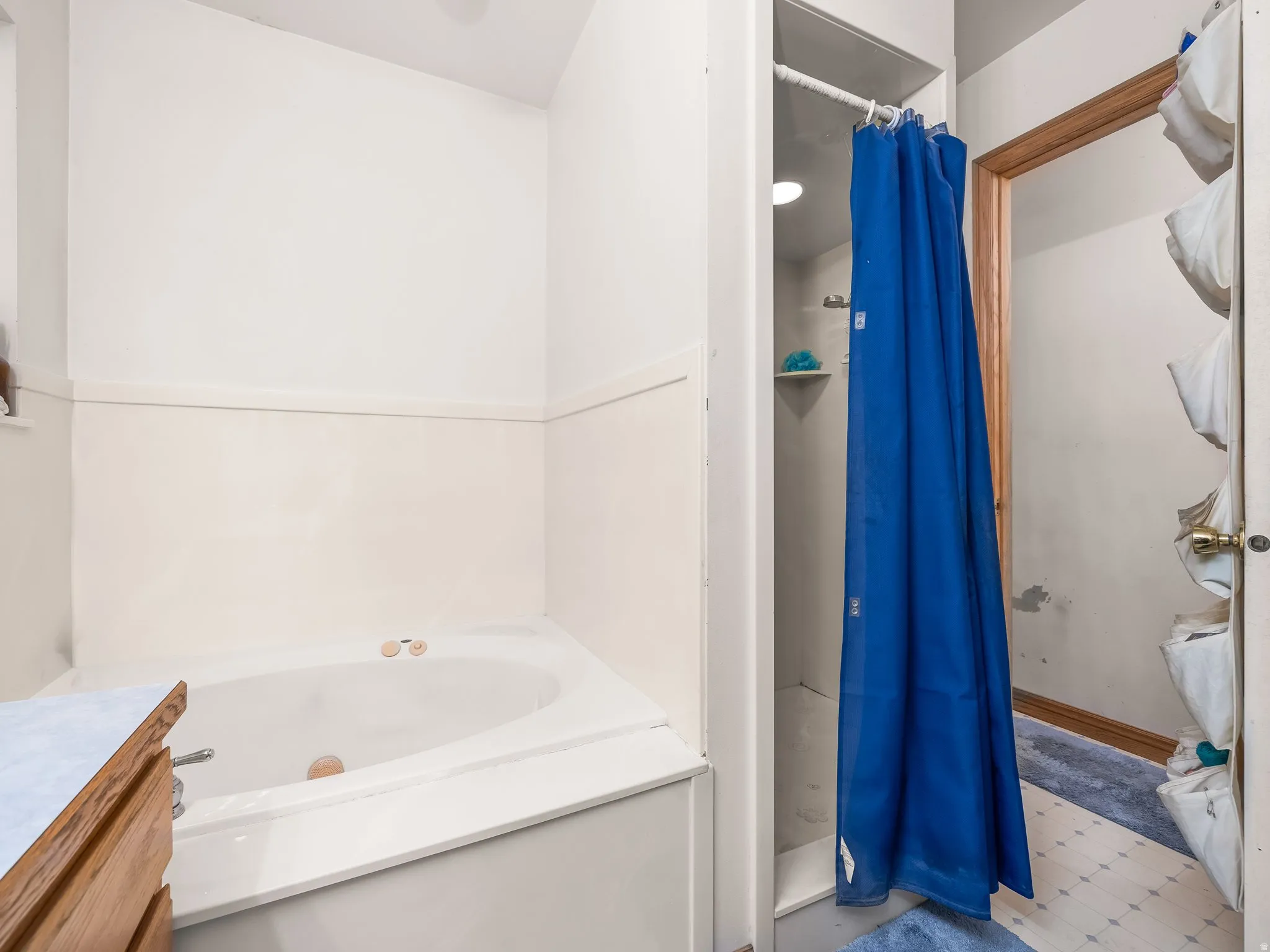 Bathroom with a stall shower, a garden tub, and vanity