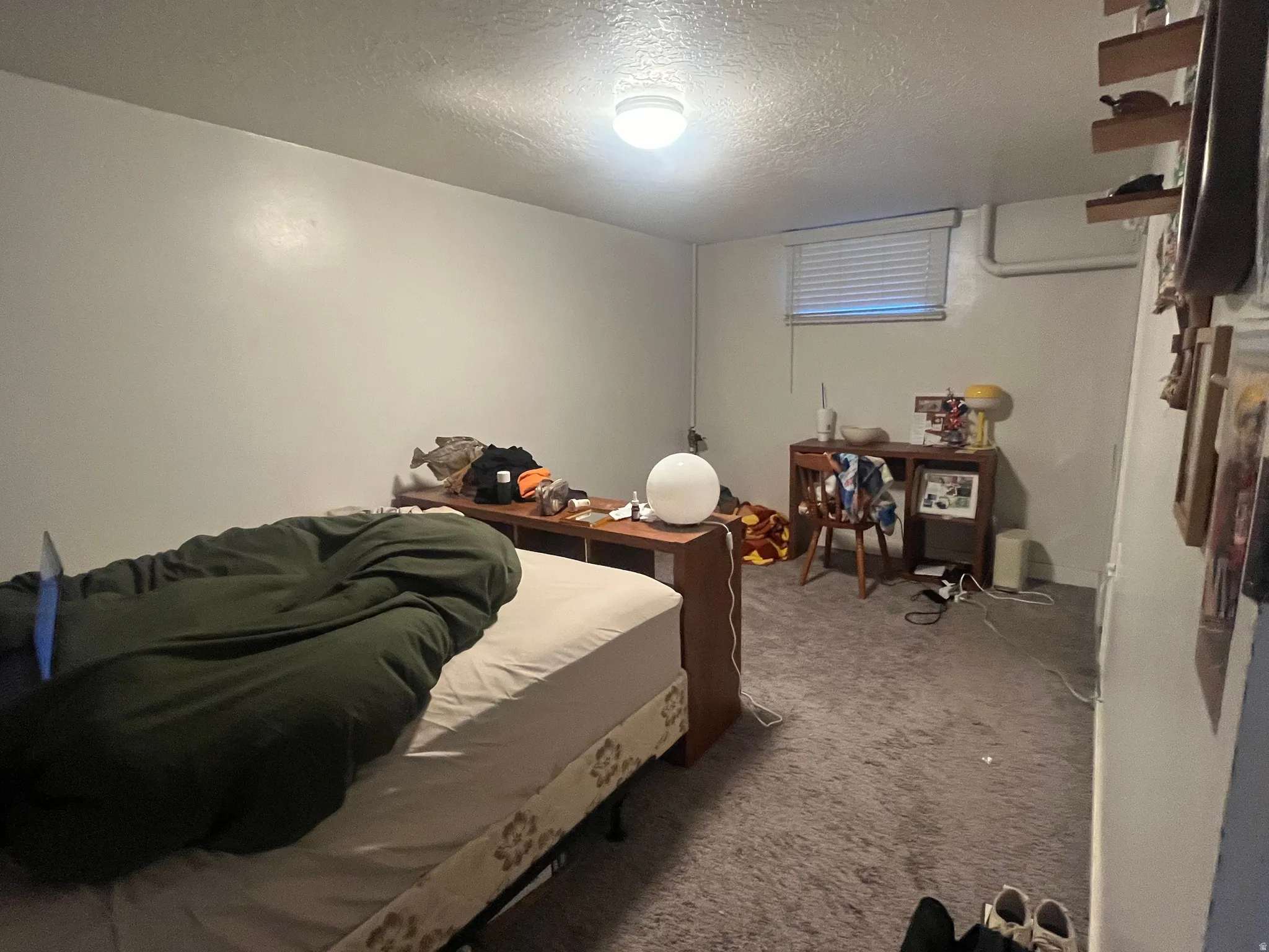 Carpeted bedroom with a textured ceiling