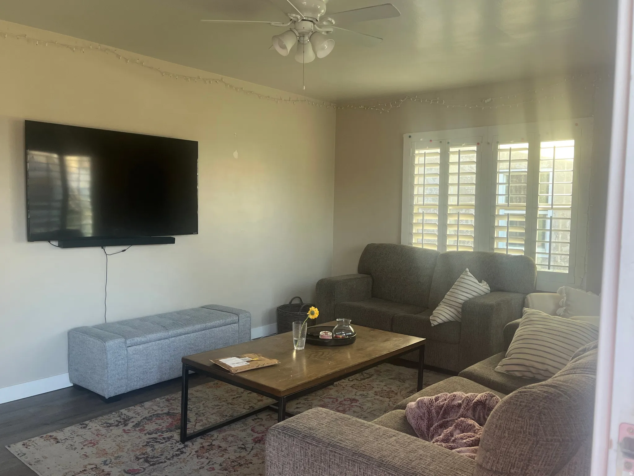 Living room featuring ceiling fan and wood finished floors