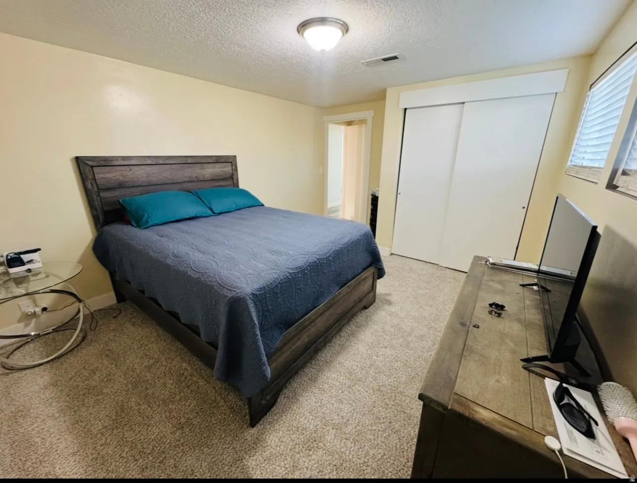 Bedroom featuring light carpet, a textured ceiling, and a closet