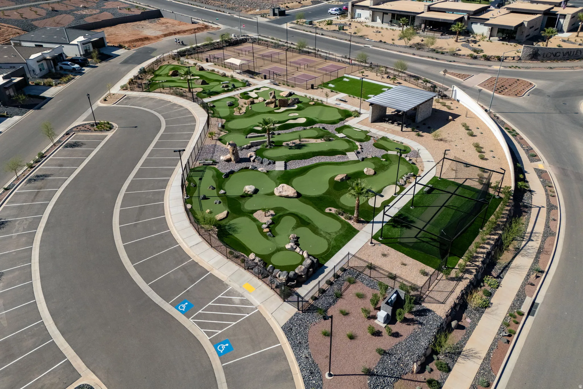 Aerial perspective of miniature golf and driving net