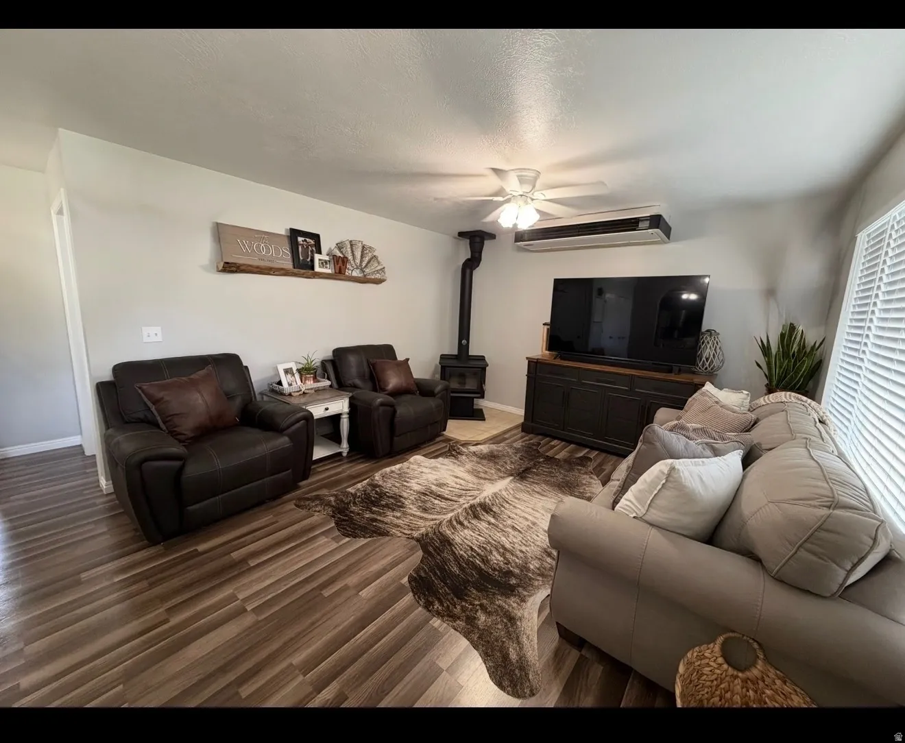 Living room with a wood burning stove