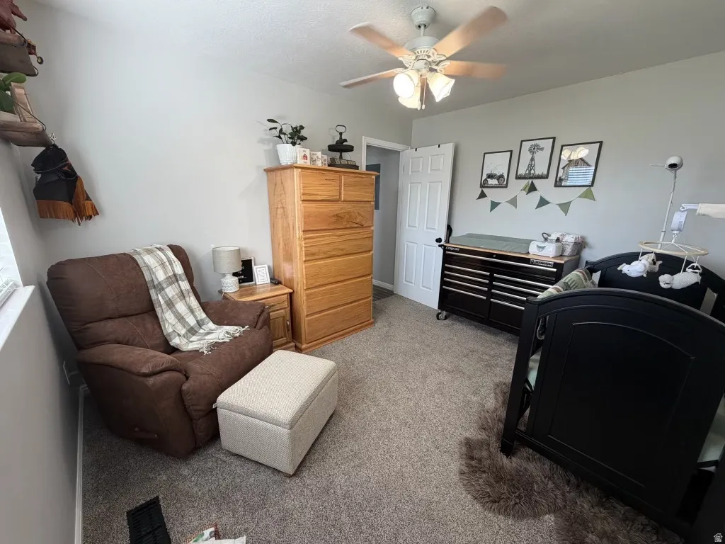 Carpeted home office featuring a ceiling fan