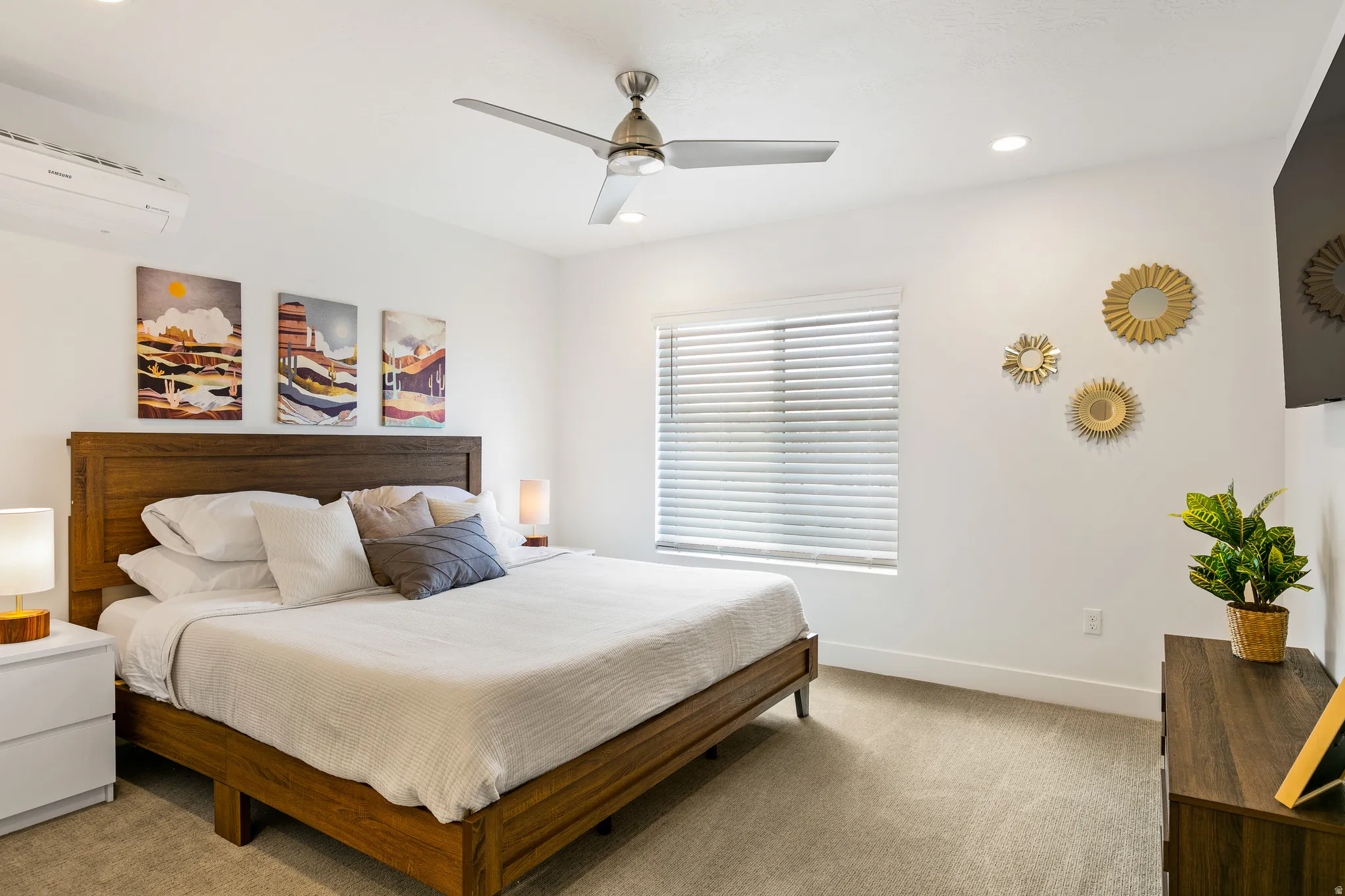 Bedroom featuring carpet floors, ceiling fan, and recessed lighting