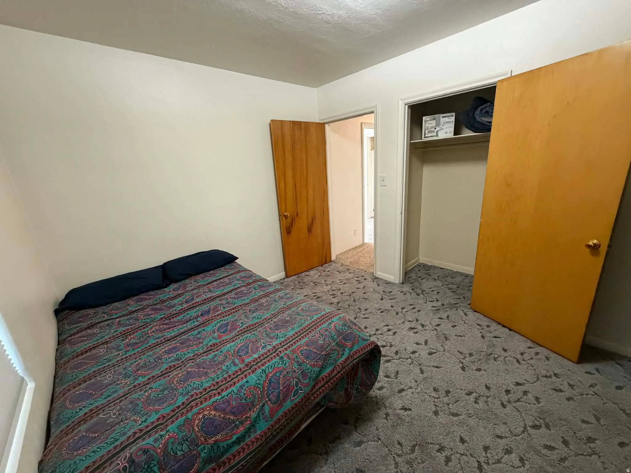 Bedroom featuring a closet, light carpet, and a textured ceiling