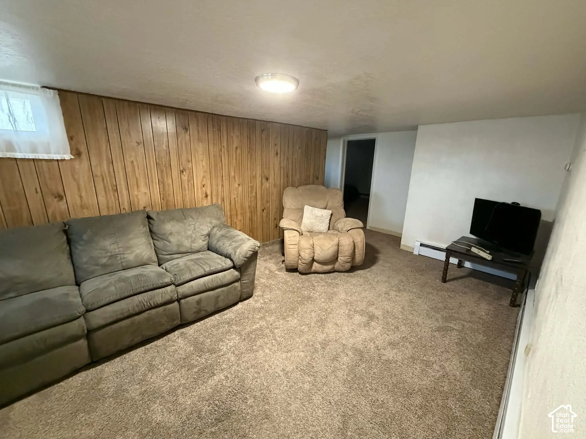 Carpeted living room with wooden walls and baseboards