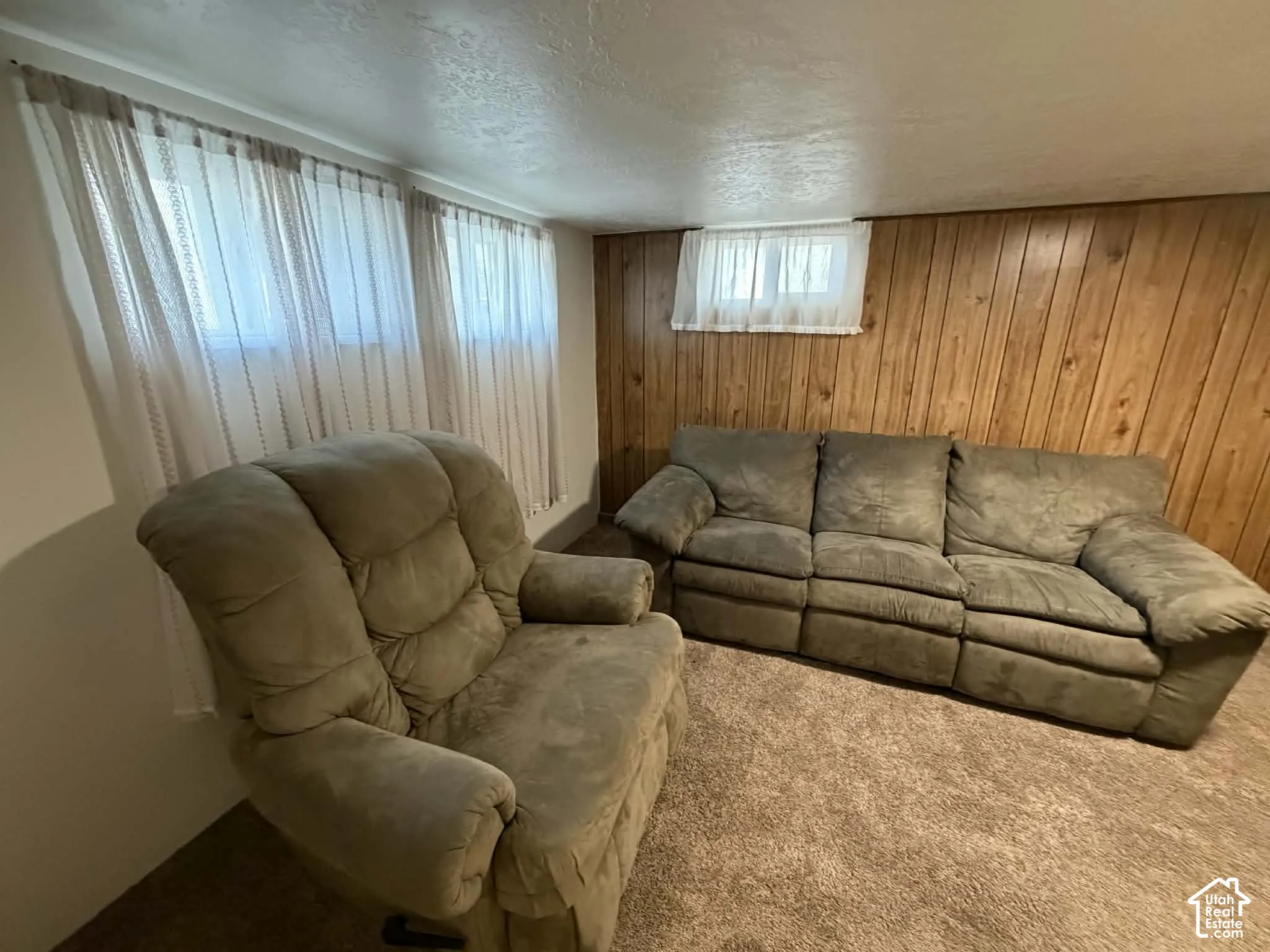 Living area featuring wood walls, carpet floors, and a textured ceiling