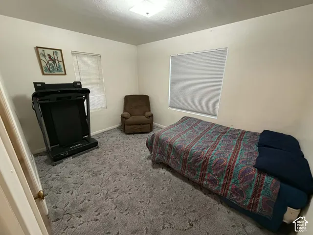 Carpeted bedroom featuring baseboards and a textured ceiling