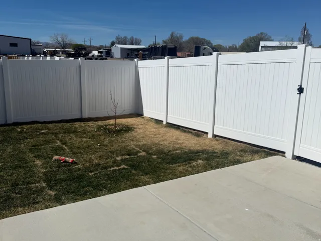 Fenced backyard featuring a patio area and gate