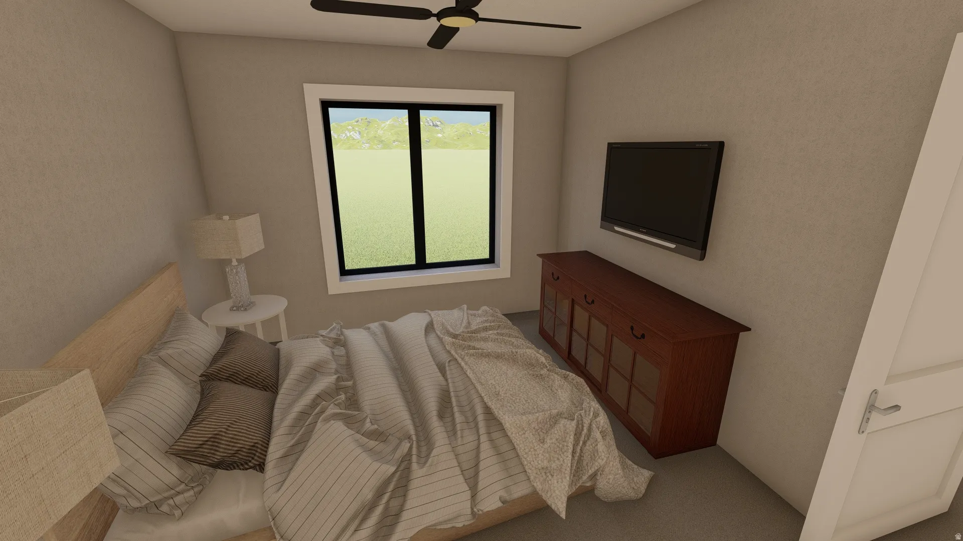 Carpeted bedroom with ceiling fan